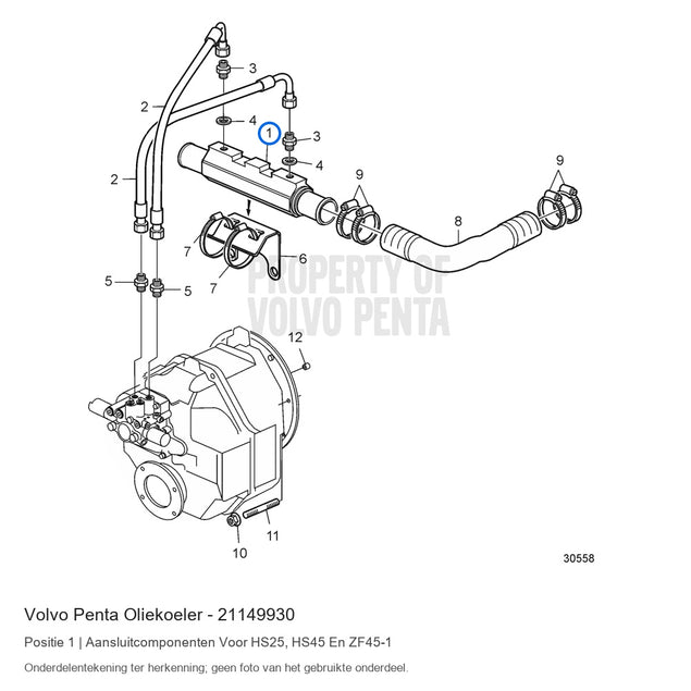 Volvo Penta oliekoeler 21149930, positie 1 in de onderdelentekening