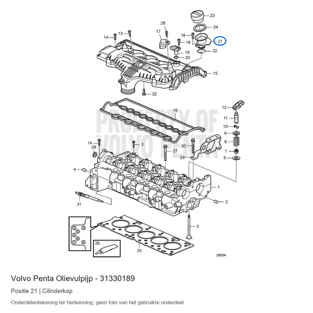 Volvo Penta olievulpijp 31330189, positie 21 in de onderdelentekening