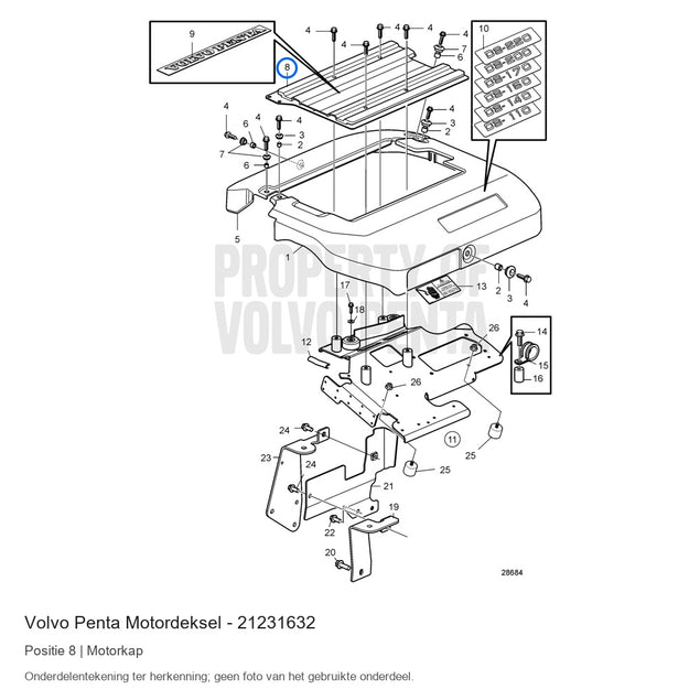 Volvo Penta motordeksel 21231632, positie 8 in de onderdelentekening